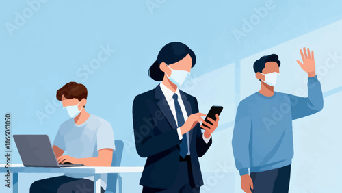 Three masked people in office setting