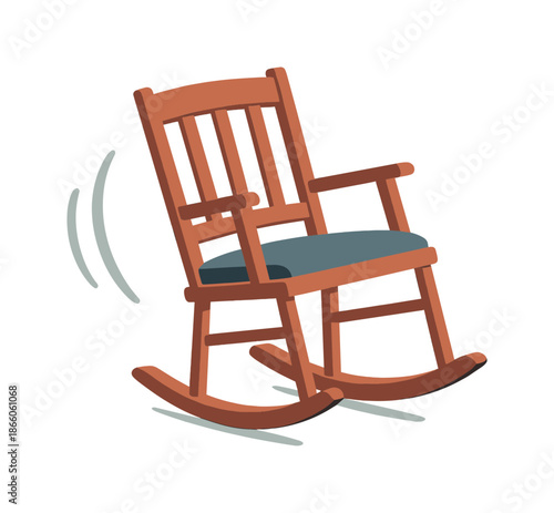 Rustic Rocking Chair. Rustic rocker. A wooden rocking chair tilts in mid-motion, arcs behind it showing a soft rocking rhythm. Warm accents add homely charm.