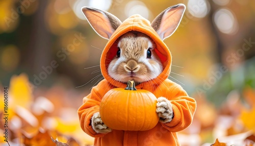 Cute Bunny in Orange Hoodie Holding Pumpkin Autumn Leaves Background.