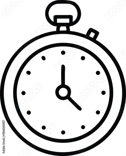 A simple black and white illustration depicts a classic circular stopwatch design high quality