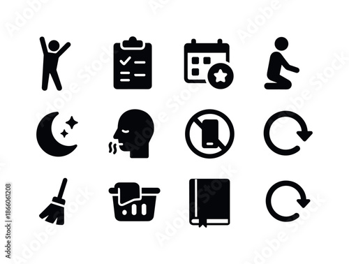 Minimalist Icons Grid. Minimalist routines. Solid icon set of Minimalist routines: morning stretch, habit tracker, declutter schedule, tidy session, evening