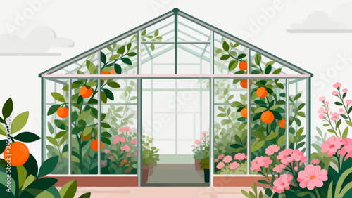 Greenhouse with citrus plants and flowers