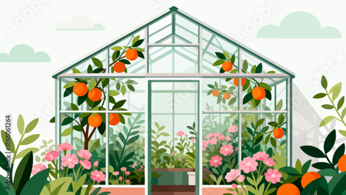 Greenhouse with fruit trees and flowers