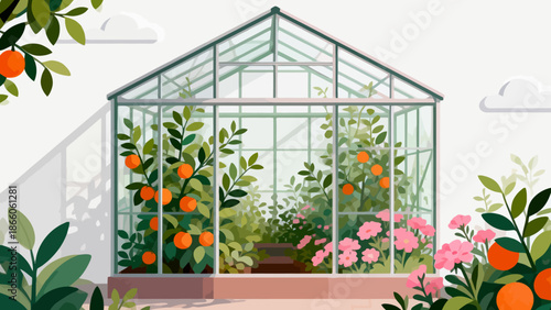 Greenhouse with fruit trees and flowers