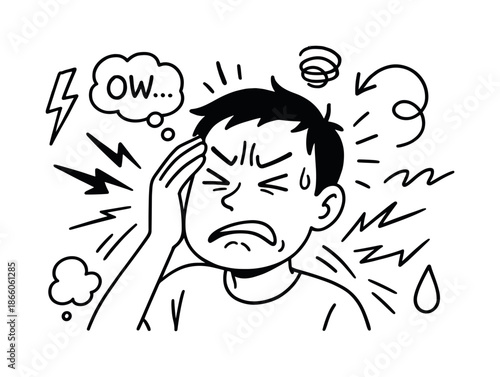 Wincing Expression Doodle. Painful expression. Hand-drawn doodle illustration Painful expression wince face, tight eyes, curved brow, mouth strain, cheek