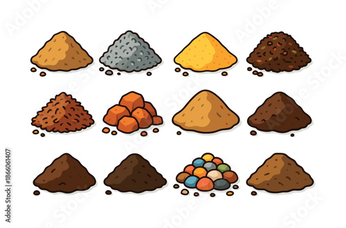 Colorful Earth Piles. Earth piles. Colorful isometric vector icons set of earth piles: construction soil pile, gravel pile, sand pile, compost pile, mulch
