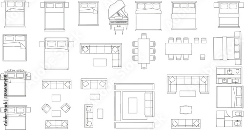 Furniture floor plan symbols set top view beds sofas dining tables piano kitchen bathroom interior design vector outline illustration residential layout