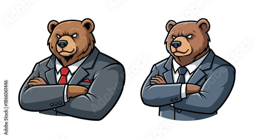 Two cartoon bears in business suits with confident and skeptical expressions.