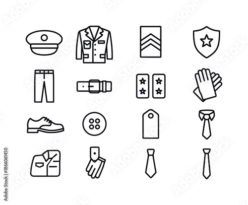 Military Uniform Icons. Military uniforms. Line icon set of Military uniforms: service cap, dress jacket, rank insignia, shoulder patch, uniform pants,