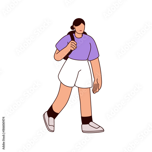 Woman walking with backpack. Young female in casual summer outfit clothes, strolling outdoors. Girl tourist with bag, modern urban character. Flat vector illustration isolated on white background