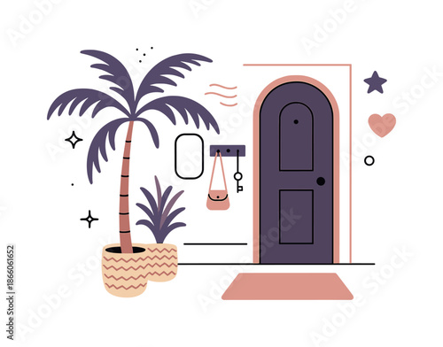 Tropical Entryway Vibes. Tropical entryway. A tall palm greets visitors beside a woven basket planter, subtle motion lines showing a warm draft. Minimal icons