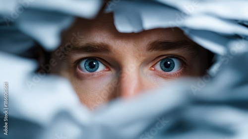 Intense blue eyes stare from paper hole, direct eye contact. Ideal for concepts like fear, hiding, or seeking answers now.