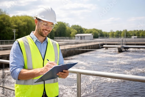Environmental worker auditing wastewater treatment compliance protocols with copy space