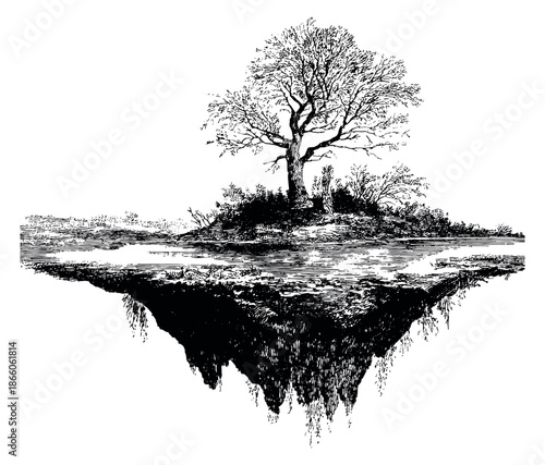 Hand drawn line art illustration of a floating island depicting a surreal landscape for nature concepts
