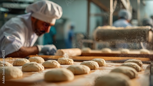 Baker prepares dough balls in a bakery for baking. Use this image to depict baking, food or bakery concepts.