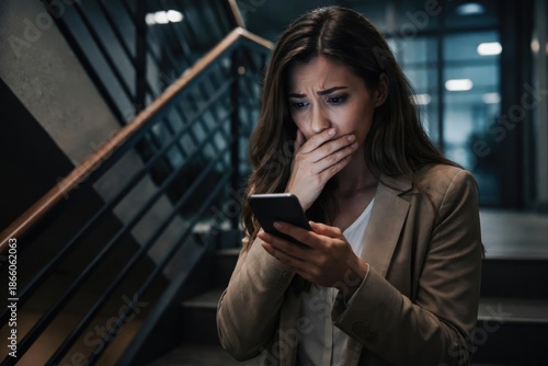 Wallpaper Mural Anxious female victim of cyber harassment reading phone text near office stairs with copy space Torontodigital.ca