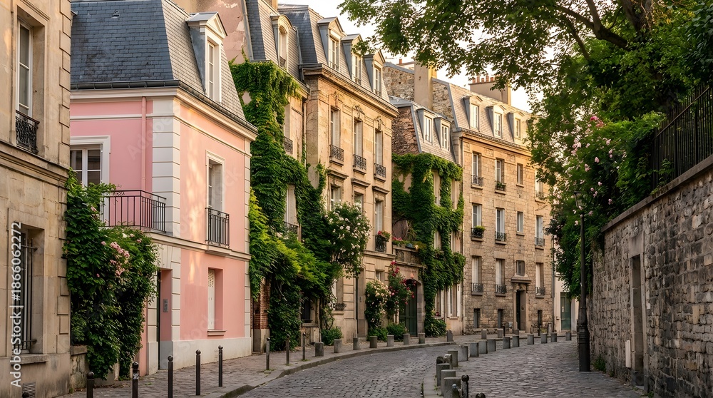 Fototapeta premium Charming cobblestone street lined with historic European buildings draped in lush greenery.