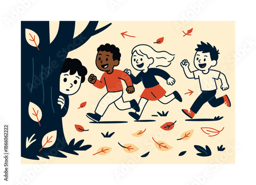 Playful Hide and Seek. Hide and seek. A child peeks from behind a tree while others run with excitement, leaves and playful arrows scattered around.