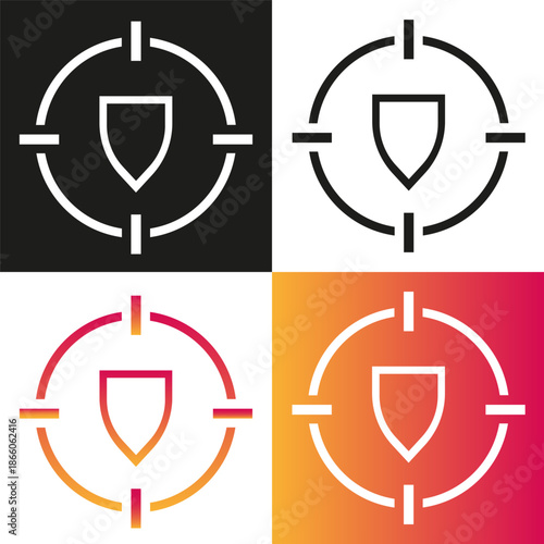 Targeted protection icon. Shield security Vector. Defensive safety symbol. Professional reliability characteristic.