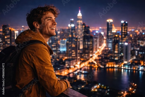 Wallpaper Mural Joyful individual gazing at the impressive nighttime urban panorama Torontodigital.ca