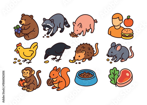 Colorful Omnivore Icons. Omnivores. Colorful isometric vector icons set of Omnivores: bear with berries, raccoon rummaging, pig rooting, human food variety
