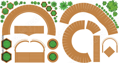 Garden landscape design elements set with curved wooden paths, benches and green plants, top view vector illustration for park planning, outdoor landscaping, maps, and design