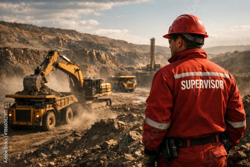 Wallpaper Mural Red uniformed supervisor overseeing mining machinery operation in daylight with copy space Torontodigital.ca