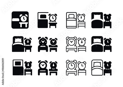 Alarm Clock Variations. Alarm Clock Set for the Morning Next to the Bed. Icon set. Set Logo of Alarm Clock Next to Bed: top-down view of alarm clock on table.