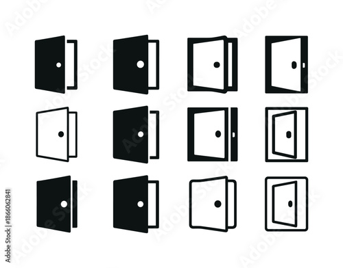 Open Closet Icons. Open closet. Icon set. Set Logo of Open closet: door handle and hinges focus. harmonious logo variations of the same emblematic concept,