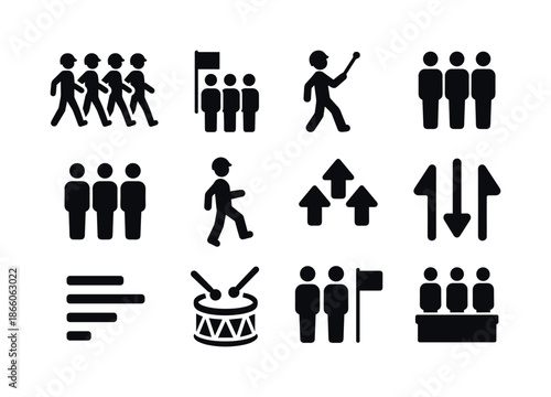 Parade Icon Set. Parade formations. Solid icon set of Parade formations: marching soldiers, flag formation, baton leader, dress line, cadence step, formation
