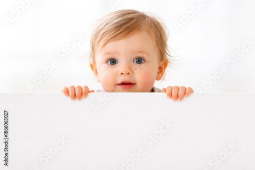 Wallpaper Mural Bright empty background with toddler peering over blank white banner with innocence Torontodigital.ca