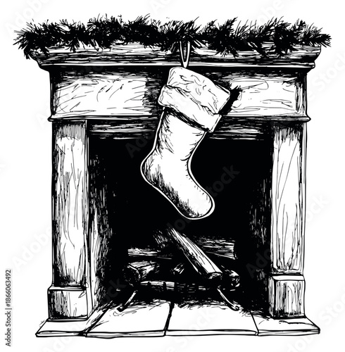 Hand drawn line art illustration of a christmas fireplace depicting a stocking hanging from the mantel for the holiday season