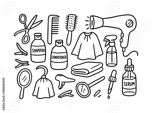 Salon Tools Doodle Art. Salon essentials. Hand-drawn doodle illustration salon essentials scissors, comb, brush, hairdryer, shampoo bottle, conditioner bottle,