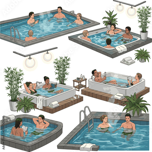 Create a realistic 3d rendering of a spa with people relaxing in pools and bathtubs vector art with white background..