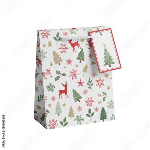 Png isolated transparent background White gift bag with red green and gold Christmas pattern and gift tag