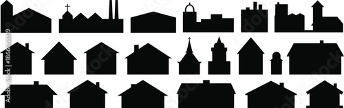 House and building silhouette icon set with homes, churches and factories, black vector architecture collection isolated on white for real estate, construction, maps, apps, and design