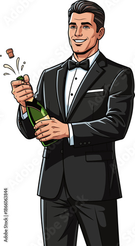 Create a realistic Handsome happy man in an elegant black suit standing and opening a champagne bottle, vector art with white background..