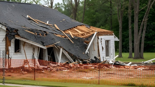 White house with severely damaged roof and walls surrounded by debris and orange safety netting home