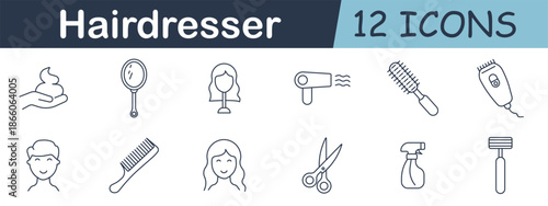 Hairdresser set icon. Shampoo, mirror, mannequin, blow dryer, brushes, clipper, comb, scissors, spray bottle, razor, male and female heads drawn in salon theme.