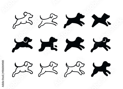 Playful Dog Logos. Dog. Icon set. Set Logo of Dog: playful dog mid-jump with wagging tail. harmonious logo variations of the same emblematic concept, each with