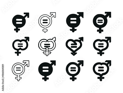 Gender Equality Icons. Gender equality. Icon set. Set Logo of Gender equality: interlinked gender symbols. harmonious logo variations of the same emblematic