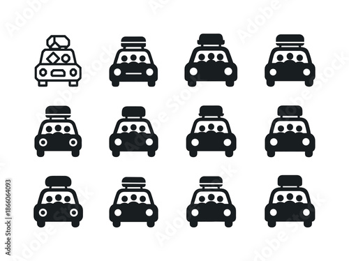 Family Road Trip Logos. Family road trips. Icon set. Set Logo of Family road trips: packed roof box. harmonious logo variations of the same emblematic concept,
