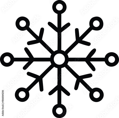 A simple black and white illustration of a classic six pointed snowflake design
