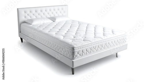 Luxurious White Tufted Bed Frame with Plush Mattress and Pillow.