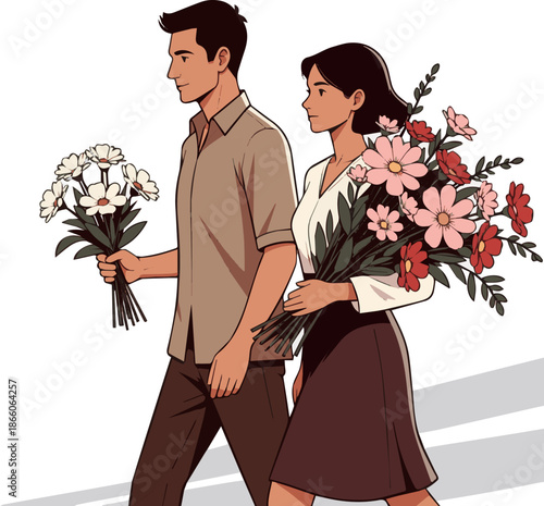 Create a realistic Man and woman with flowers walking vector art with white background.