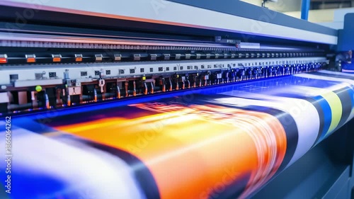 A large format printer creates a high quality print of colorful graphics in a commercial setting during daytime operations