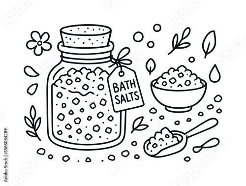 Bath Salts Illustration. Bath salts jar. Hand-drawn doodle illustration bath salts jar glass jar, cork lid, label tag, salt crystals, spoon, ribbon, flower