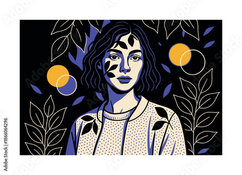 Sustainable Fashion Portrait. Photography focused on sustainable fashion ? creative portrait. A model framed by shadows of leaves; floating lens flares capture