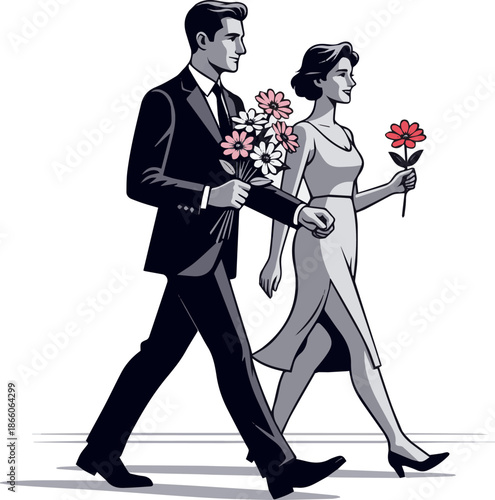 Create a realistic Man and woman with flowers walking vector art with white background.