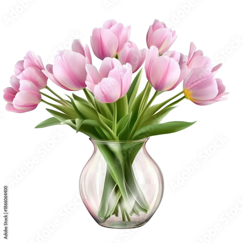 Wallpaper Mural A bouquet of pink tulips stands in a clear glass vase on a plain surface, showing fresh flowers and green leaves Torontodigital.ca